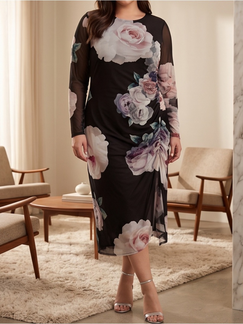 Le Chateau Black and Pink Long Sleeve Dress